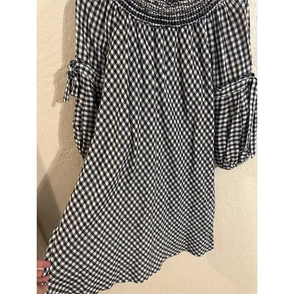 Y Max Edition Gingham Plaid Smocked Black & White Puffy Sleeve Cotton Midi Dress - Picture 6 of 10